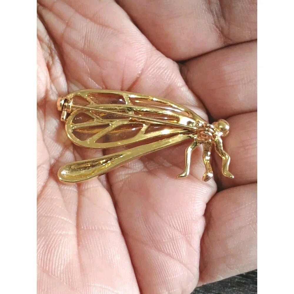 Dragonfly Rhinestone Yellow Stained Glass Gold Tone Vintage Brooch
